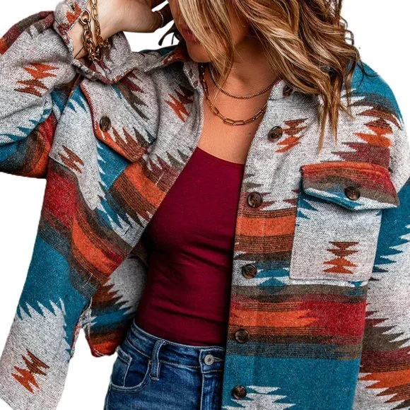 SOLD Flannel Distressed Aztec Shirt Jacket/Shacket Large - Picture 2 of 16